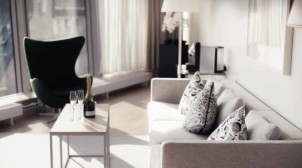 Trendy suite with designer furniture such as the Egg designed by Arne Jacobsen at Sign Hotel in Stockholm