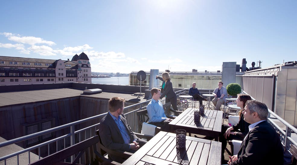 Outside area with large terrace and a stunning view at Bastion Hotel in Oslo