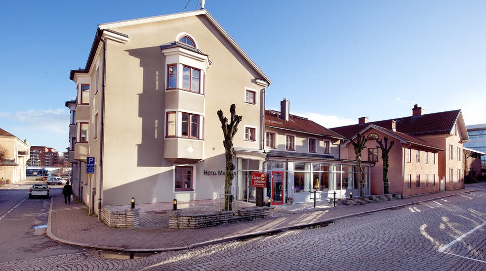 The location and facade of the Majoren Hotel in Skovde
