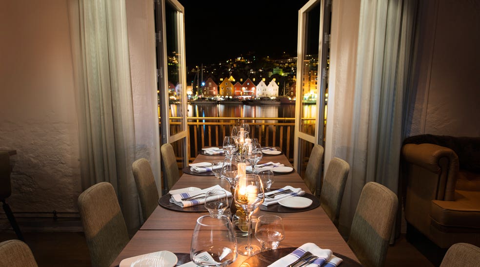 Restaurant with the best view of the harbour, inlet and mountains at Admiral Hotel in Bergen