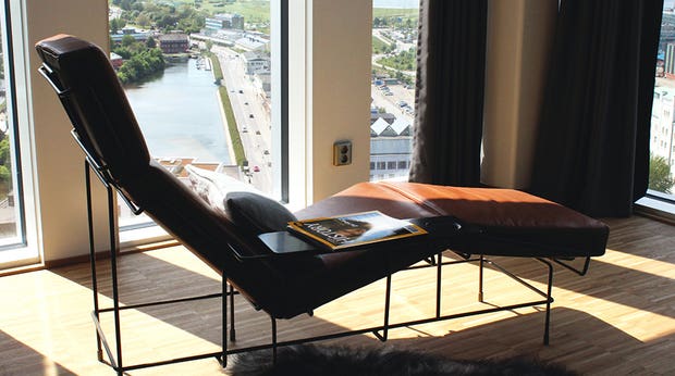 Quality interior in the Zlatan suite and an amazing view of his home town at Malmo Live Hotel in Malmo
