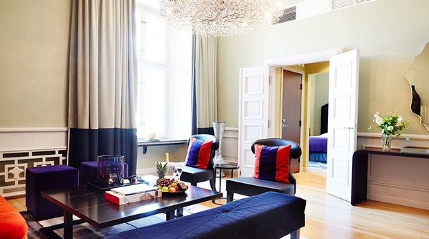 The extensive and elegant Elna suite living room at Post Hotel in Gothenburg
