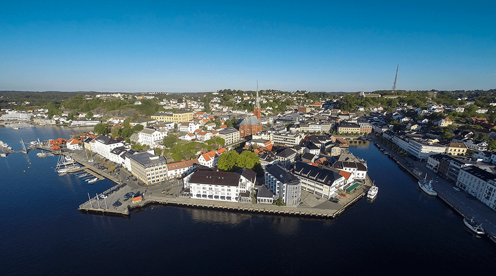 Aerial photo of the location and nearby attractions at Tyholmen Hotel in Arendal