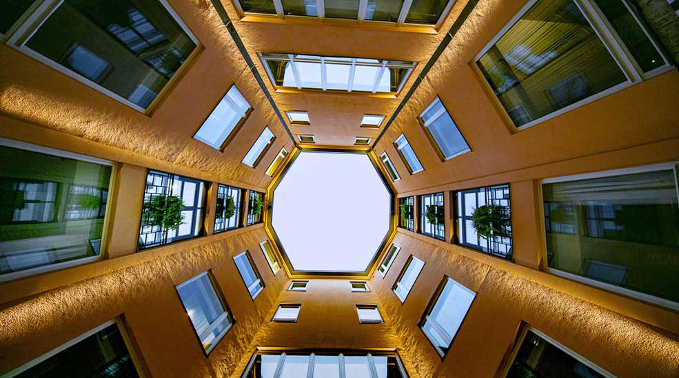 View towards garden from inner courtyard at Hotel F6 in Helsinki, Finland