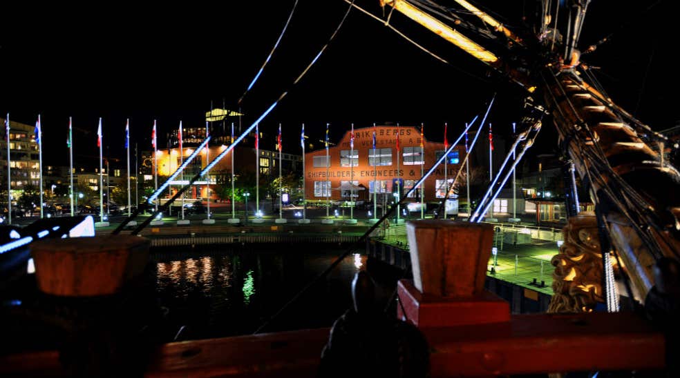 The stunning view of the Gothenburg harbour during the night at Quality Hotel 11 in Gothenburg
