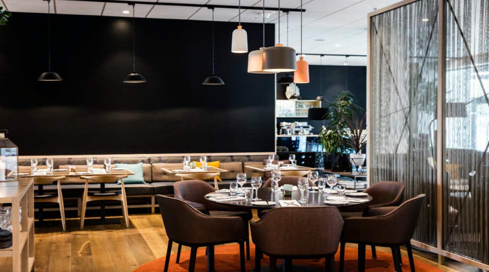 Restaurant Barsserie X, set round table and lamps at Quality Hotel Edvard Grieg Bergen