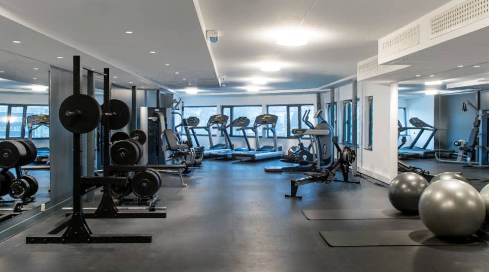 Gym with free weights, pilates balls and running machines at the Quality Hotel Tønsberg