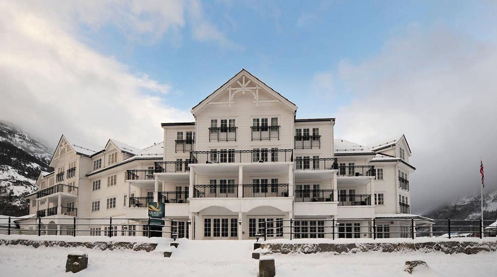 The snow-covered facade in winter at Quality Voringfoss Hotel in Eidfjord